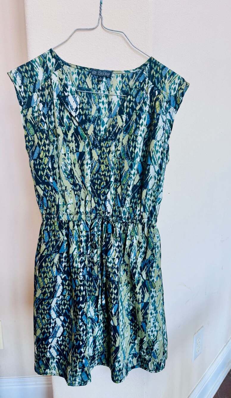BeBop Blue Green Geometric Print Sleeveless Drawstring Waist Dress